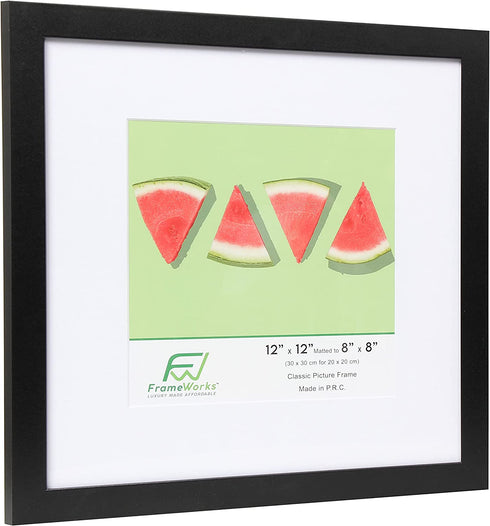 FrameWorks 12x12" mat to 8x8" Classic Wooden Picture Frames Tempered Glass / Black / 2-Pack
