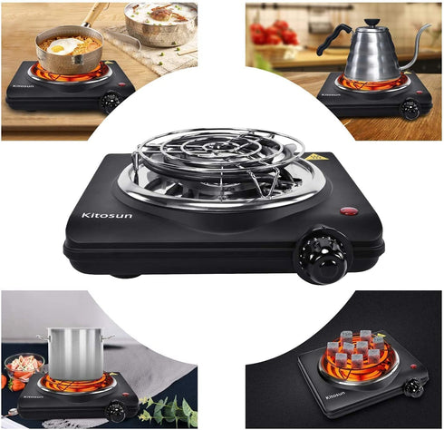 Single Hot Plate Charcoal Coal Burner Electric Stove Portable Fast Heating with Adjustable Temperature Control & Stainless Steel Grill for Cooking Camping (1000W)