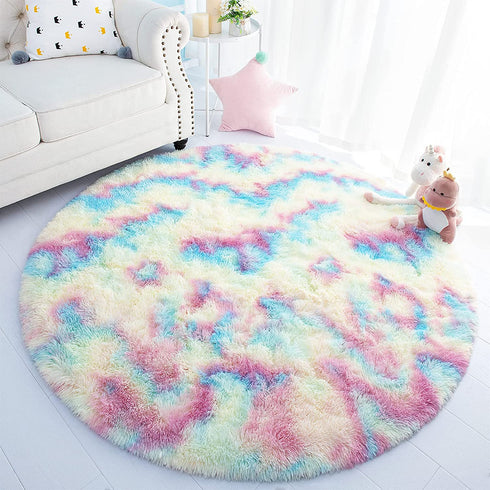 ST. BRIDGE Soft Round Rainbow Rug for Girls Room, Fluffy Circle Rug for Kids Room Decor, Indoor Modern Anti-Skid Fuzzy Nursery Mats, Shaggy Fur Area Rugs for Living Room Bedroom Plush Carpet, 3 Feet