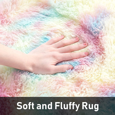 ST. BRIDGE Soft Round Rainbow Rug for Girls Room, Fluffy Circle Rug for Kids Room Decor, Indoor Modern Anti-Skid Fuzzy Nursery Mats, Shaggy Fur Area Rugs for Living Room Bedroom Plush Carpet, 3 Feet