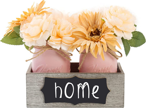 Mason Jar for Table Centerpiece Decorations - DIY Wood Tray with Flowers and Mason Jar, Table Centerpiece for Home Kitchen living Room Farmhouse Rustic Dining Table Decor (2 Pink Jar)