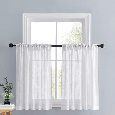 PONY DANCE Short Window Curtains - Linen Look Semi Sheer White Voile Valance Casual Back Tab Drapes for Small Bathroom Basement, 52 Wide x 36 Long, 2 Panels