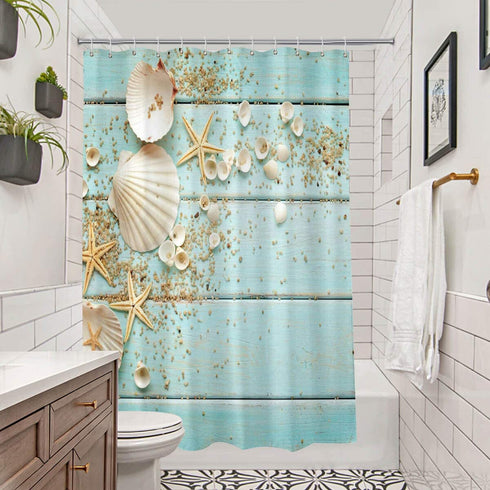Beach Curtains Shower Decor, Nautical Seashells Starfish on Teal Wooden Board Ocean Bathroom Shower Curtain Liner, Turquoise Fabric Bathroom Accessories Set with Hooks, 72 x 72