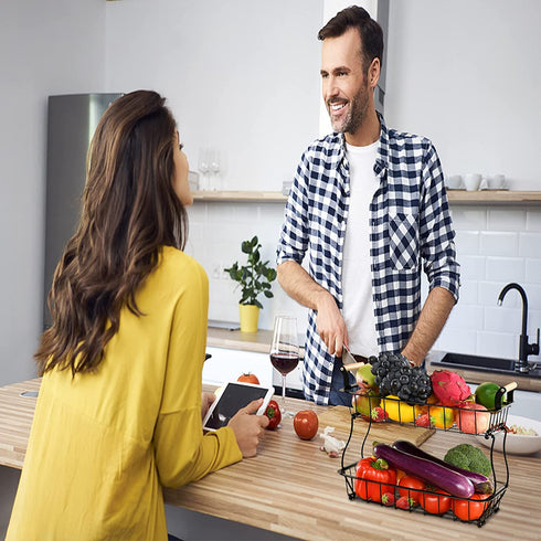 2 Tier Fruit Basket for Kitchen - Countertop Fruits Vegetable Bowl Detachable Metal Rectangular Wire Basket Stand Holder for Fruits Veggies Bread Snacks Organizer Storage