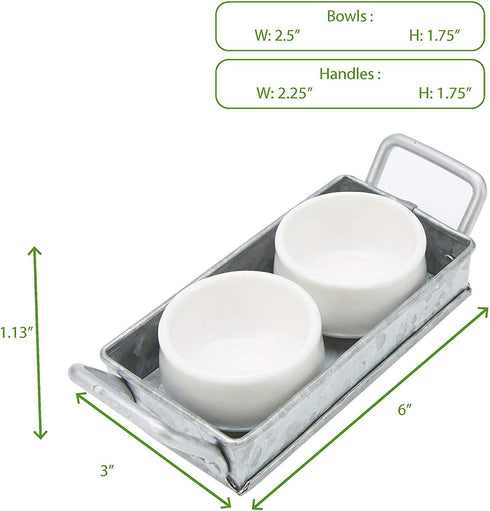 Mind Reader 2 Ceramic, Condiment Set with Galvanized Serving Board, One Size, Silver Tray-2 Bowls