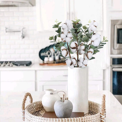 GTIDEA 18.3" Cotton Plant Decor 12 Balls Cotton Flower Stems Farmhouse Greenery Flowers with Eucalyptus Leaves Artificial Floral Arrangement for Home Party Wedding Wreath Wall Decor (3 Pcs)