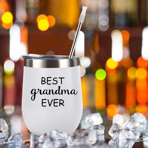 Cpskup Best Ever Grandma and Grandpa Stainless Steel Insulated Wine Tumbler with Lid, Grandparents Christmas Gifts Ideas for Grandma and Grandpa from Grandkids Grandchildren(12 oz, Black and White)