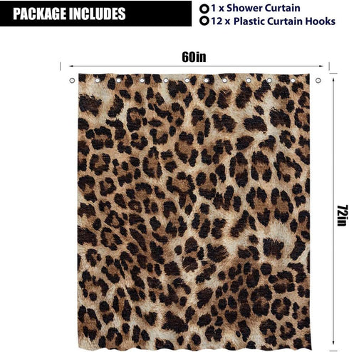 LIGHTINHOME Leopard Print Shower Curtain 60Wx72H Inch Wild Safari Skin Pattern Powerful Cheetah Cat Panthera Black Brown Fur Wildlife Waterproof Bathroom Home Decor 12 Plastic Hooks