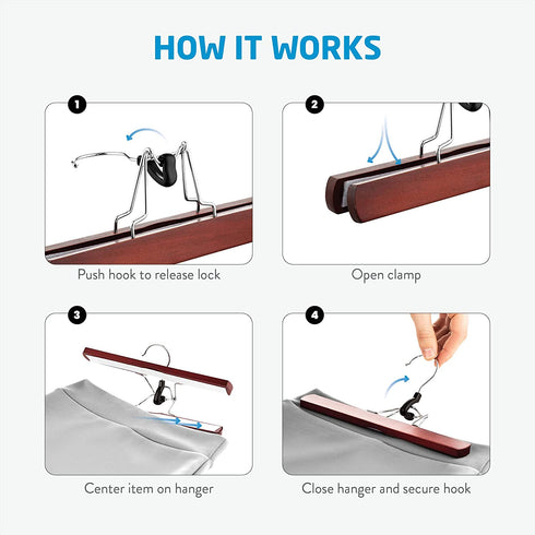 High-Grade Wooden Pants Hangers with Clips 10 Pack Non Slip Skirt Hangers, Smooth Finish Solid Wood Jeans/Slack Hanger with 360° Swivel Hook - Pants Clip Hangers for Skirts, Slacks - Clamp Hangers
