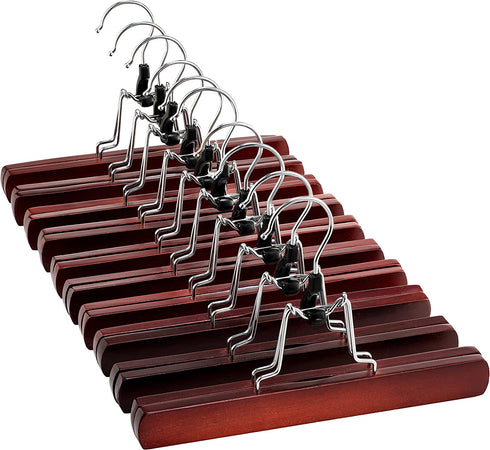 High-Grade Wooden Pants Hangers with Clips 10 Pack Non Slip Skirt Hangers, Smooth Finish Solid Wood Jeans/Slack Hanger with 360° Swivel Hook - Pants Clip Hangers for Skirts, Slacks - Clamp Hangers
