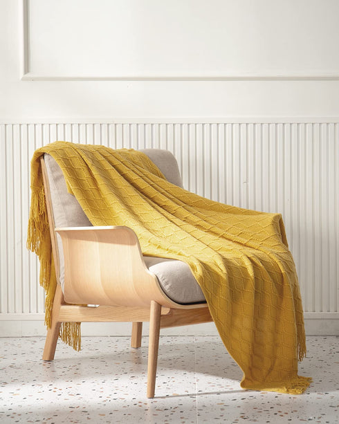 SPAOMY Throw Blanket, Knit Blanket with Tassels, Textured Cozy Lightweight Decorative Throw Blanket for Couch, Bed, Sofa, Travel- All Seasons (60x80 Inch, Mustard Yellow)