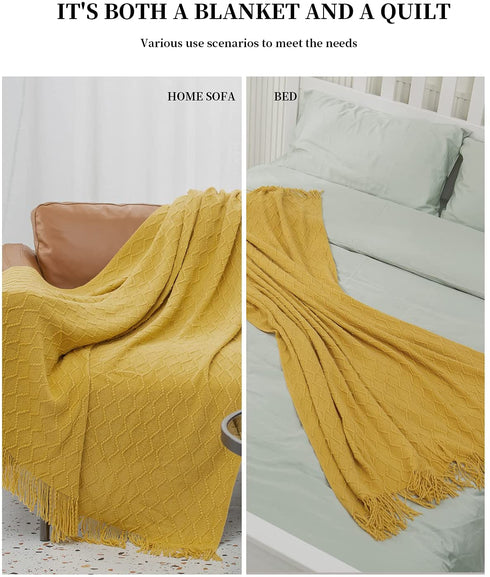 SPAOMY Throw Blanket, Knit Blanket with Tassels, Textured Cozy Lightweight Decorative Throw Blanket for Couch, Bed, Sofa, Travel- All Seasons (60x80 Inch, Mustard Yellow)
