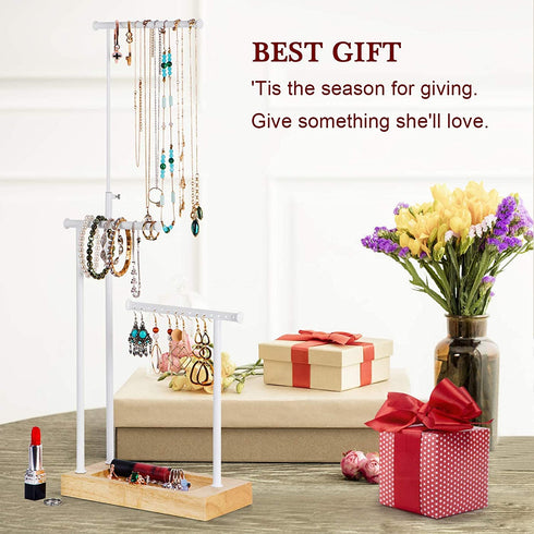 SRIWATANA Jewelry Organizer Display Extra Tall Necklace Holder 3 Tier Jewelry Tree Stand (Natural Color & White)