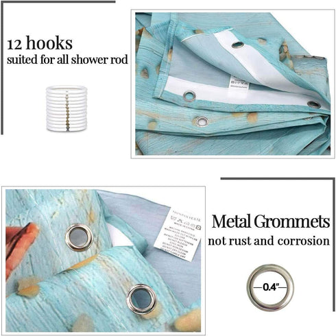 Beach Curtains Shower Decor, Nautical Seashells Starfish on Teal Wooden Board Ocean Bathroom Shower Curtain Liner, Turquoise Fabric Bathroom Accessories Set with Hooks, 72 x 72