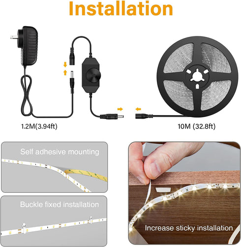 Onforu White LED Strip Lights, 32.8ft Super Bright Dimmable Tape Light Kit, 600 LEDs Daylight Bright Christmas Rope Light, Flexible Strip Lighting 6000K for Mirror, Under Cabinet, Home, Bedroom