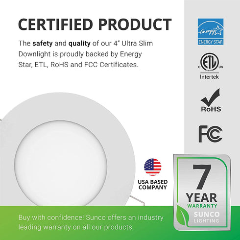Sunco Lighting 4 Inch Ultra Thin LED Recessed Ceiling Lights Slim, 5000K Daylight, Dimmable 10W=60W, 650 LM, Smooth Trim Damp Rated, Canless Wafer Thin with Junction Box - ETL & Energy Star 2 Pack