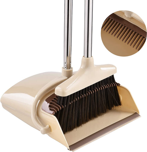 Perastra Long-Handled Broom & Dustpan Set, Upright Standing Dustpan & Super Long Handled Broom with Heavy Duty Bristles for Home Floor Sweeping (Beige White)