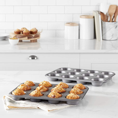 Amazon Basics Nonstick Muffin Baking Pan, 12 cups - Set of 2 & Reusable Silicone Baking Cups, Pack of 12, Multicolor