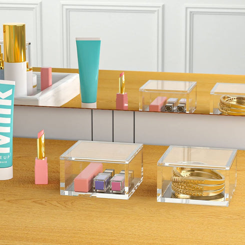 AITEE Acrylic Box with Lid, Clear Cube Display Case, Multi-Purpose Box Square Container for Holding Staples, Highlighters, Adhesive Tape, Paper Clips, Stamps, Display in Office or Home (Medium)