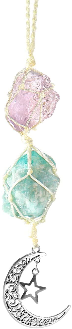 Healing Crystals Ornament, Dangling Moon Star Healing Crystal Stones Hanging Ornament, Natural Energy Crystal Ornament Decor for Home, Car and Party (Amethyst-Turquoise)