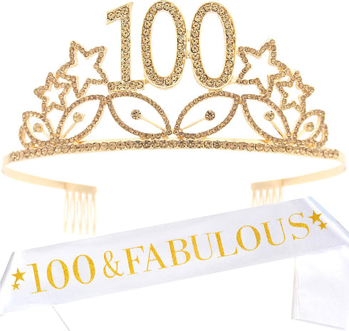 100th Birthday Gifts for Women, 100th Birthday Tiara and Sash, Happy 100th Birthday Party Supplies, 100 Fabulous Glitter Satin Sash and Crystal Tiara Crown, 100th Birthday Party Decorations