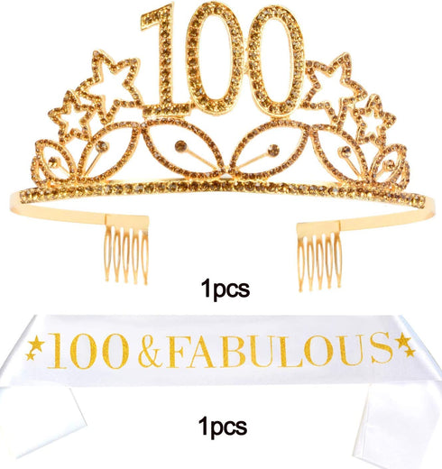 100th Birthday Gifts for Women, 100th Birthday Tiara and Sash, Happy 100th Birthday Party Supplies, 100 Fabulous Glitter Satin Sash and Crystal Tiara Crown, 100th Birthday Party Decorations