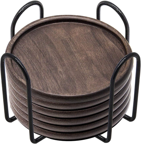 Wood Drink Coasters with Metal Holder, GOH DODD 4 Inch 6 Pieces Wooden Coasters Cup Coaster Set for Bar Kitchen Home Apartment, Walnut Wood