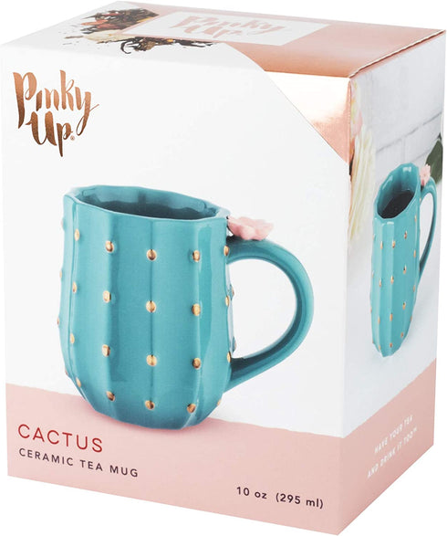 Pinky Up Cactus Mug, 3D Green Ceramic, Gold Details, Holds 10 Ounces, Coffee & Tea Accessories, Cute Succulent Coffee Mug
