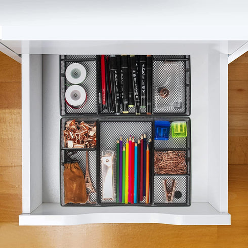VyGrow Drawer Organizer Tray with Adjustable Compartments,6 grid,Metal Mesh,Storage Box Set for Office,Bathroom, Kitchen, Makeup, Art Supplies,tool,Black,1 PACK,12.87x8.73x1.96 Inchs