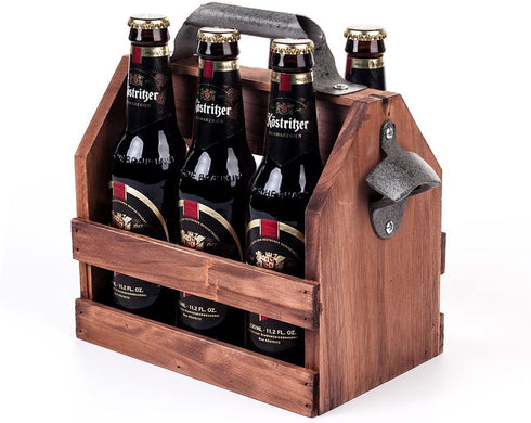 Mealivos Wooden Bottle Caddy, 6-Pack Beer Carrier with Built-In Metal Bottle Opener, Beer Buckets for 6 Beers