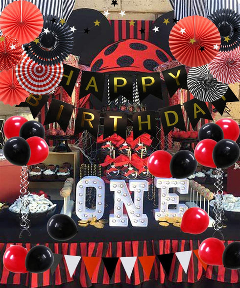 ADLKGG Red Black Birthday Party Supplies, Happy Birthday Banner with Balloons, Triangular Pennants, Hanging Swirls, Paper Fans, Circle Star Paper Garland for Mickey Mouse Pirate Theme Birthday