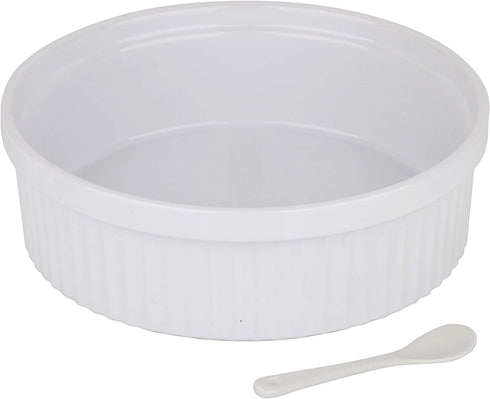 Souffle Dish Ramekins for Baking 48 Oz, 1.5 Quart Large Ceramic Oven Safe Round Fluted Ramekin Bowl with Mini Condiment Spoon for Soufflé Pot Pie Casserole Pasta Roasted Vegetables Baked Desserts