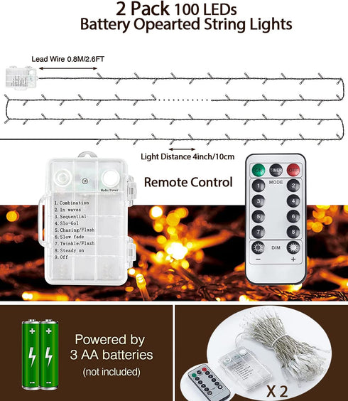 FilFom Battery Operated String Lights, 2 Pack 36ft 100 LED Fairy Lights With Remote, IP65 Waterproof Twinkle Lights 8 Mode Warm White Christmas Lights Outdoor for Bedroom Tree Indoor Party Decorations
