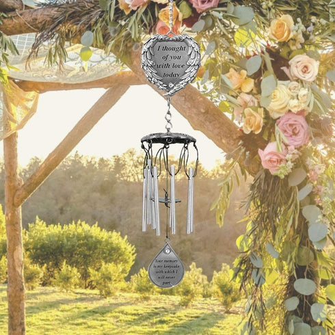 BANBERRY DESIGNS Memorial Windchimes - I Thought of You with Love Today Poem Engraved on This Wind Chime - Angel Wings Wrapped Around a Heart and Teardrop Charm - in Loving Memory Chimes