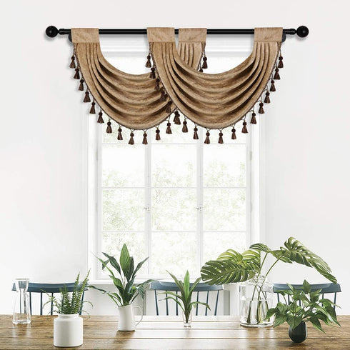Thick Chenille Waterfall Swag Valances for Living Room Rod Pocket Valance Curtains for Kitchen (Coffee, 30" W x 22" L | 1Panel)