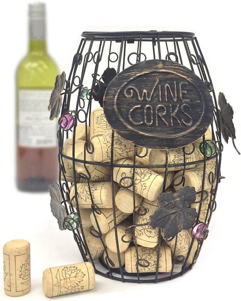 Mind Reader Barrel Metal Wine Cork Holder with Ornaments, Black