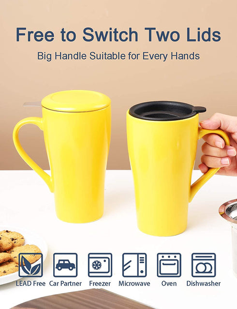ARRADEN Tea Mug with Infuser and 2 Lids, 18oz Large Tea Infuser Cup, Tea Strainer Mug for Loose Tea, Ceramic Travel Mug with Tea Bag Holder (Yellow)