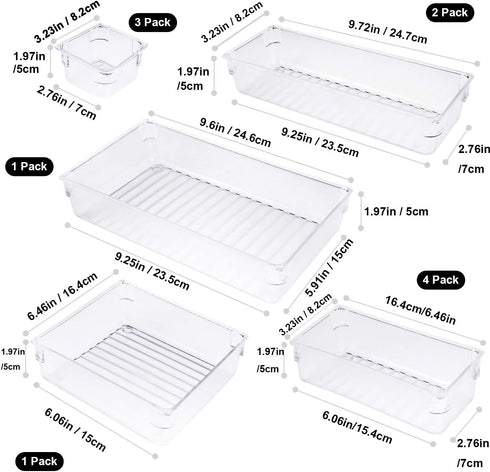 Qozary 11 Pack Clear Plastic Drawer Organizer Containers, Storage for Desk Drawers Trays, Kitchen Bathroom Makeup Drawer Dividers with Large Capacity Bins, 5-Size Trays for Bedroom Dresser Drawer