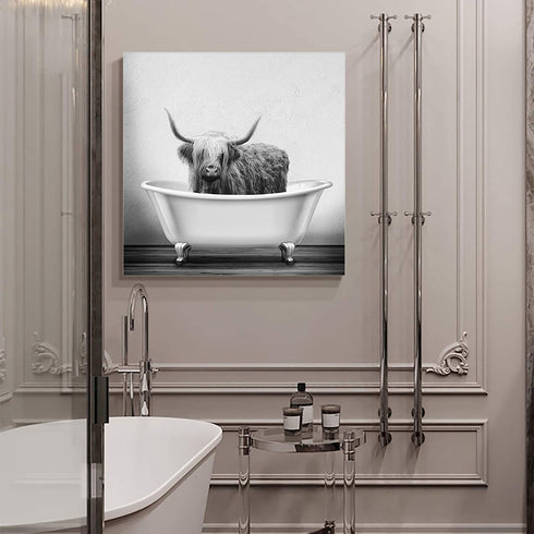 Canvas Prints Wall Art Paintings Farmhouse Animal Highland Cow in Bathtub Bubble Funny Cattle HD Print Painting Wall Artworks Pictures Framed Painting Wall Art for Living Room Bedroom 12x12 inch