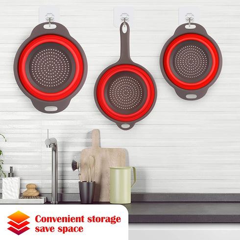 Qimh Collapsible Colander Set of 3, 1 pc 2 quart Collapsible Strainer with Handle, 1 pc 4 quart and 1 pc 2 quart Round Strainers