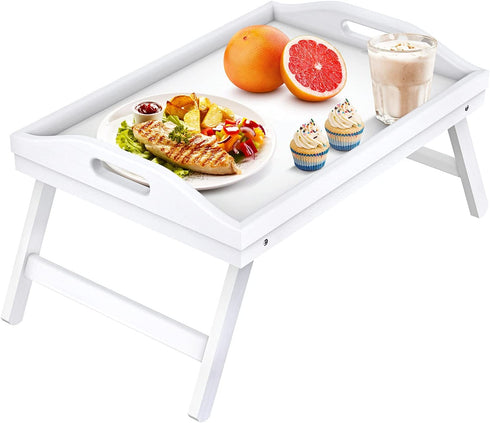 Bed Table Tray Bamboo Breakfast Platters Tray with Folding Legs Bamboo Kitchen Serving Tray by Pipishell?White?