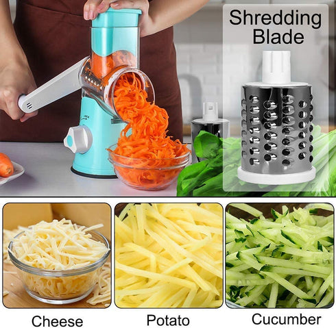 SEYODA Graters for Kitchen,Cheese Grater Efficient Vegetable Slicer with 3 Interchangeable Round Stainless Steel Blades,Easy to Clean Rotary Cheese Grater for Fruit,Vegetables,Nuts. (Blue)