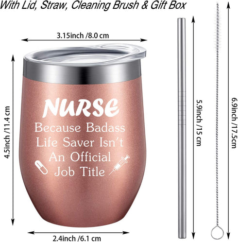 2 Pack Nurse Gift for Women, Appreciation Birthday Nursing Graduation Gift for Registered Nurse, Nurse Practitioner, Nurse Student, Nursing Funny 12 oz Wine Tumbler with Straw and Brush (Rose Gold)