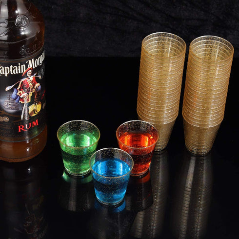 WELLIFE 200 PACK Plastic Gold Glitter Shot Cups, 2OZ Disposable Shot Glasses,Small Hard Plastic Tumblers,Gold Tasting Sampling Cups,Premium Mini Container Perfect for Whiskey, Perfect for Christmas