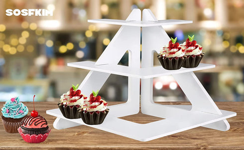 Cupcake Stand - Wooden 3 Tier Collapsible Serving Tray - White Tiered Cupcake Stand - Farmhouse Tiered Tray Decor - Cake Stands for Dessert Table - Tea PartiesCupcake Stands - Wedding Cupcake Stand
