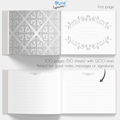 Merry Expressions Black Guest Book & Pen 9"x7" Hardcover 100 Page/50 Sheets Silver Foil Gilded Edges for Guests & Visitors to Sign at a Wedding, Funeral or Memorial, Party, Baby or Bridal Shower