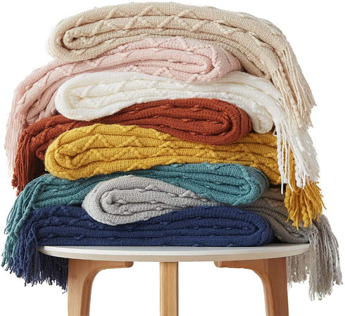 SunStyle Home Rust Throw Blanket for Couch 50 x 60 inches - Decorative Knitted Summer Blankets with Tassels - Soft Lightweight Woven Textured Solid Farmhouse Throw for All Seasons