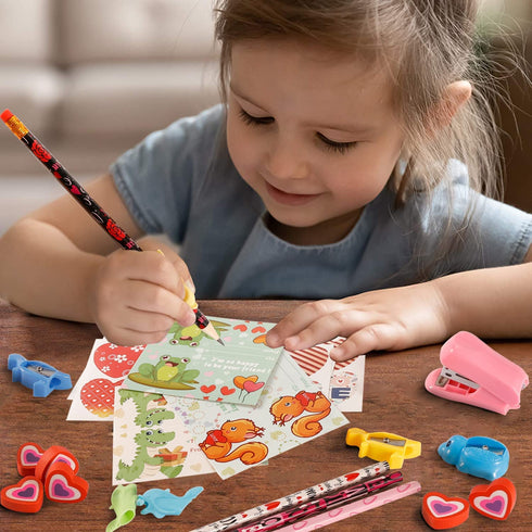 Valentines Day Gifts for Kids Classroom - 28 Packs Super Value Valentines Stationery Kit, Valentines Cards, Valentines Pencils, Erasers, Pen Sharpeners,Pen Holders,Valentine Exchange Party Favors Toys