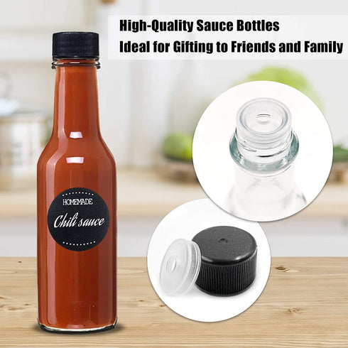 GMISUN Mini Hot Sauce Bottles 5 oz - 24 Pack Woozy Bottles with Black Caps, Shrink Capsules, Dripper Inserts, Funnel and Labels, Small Glass Bottle Dispenser for Homemade Hot Sauces, Dressings, Juice