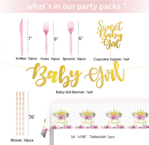 HIPEEWO Baby Shower Decorations for Girls Plates and Napkins Tableware - Plates, Cups, Napkins, Banner, Cultery, Tablecloth, Straws, Topper, for Floral Theme Baby Shower Party Supplies | Serve 16